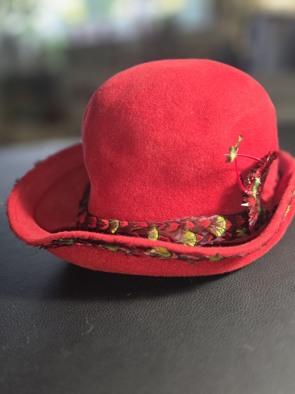 Jack McConnell Vintage, Red Felt Hat with Decorative Feather Band